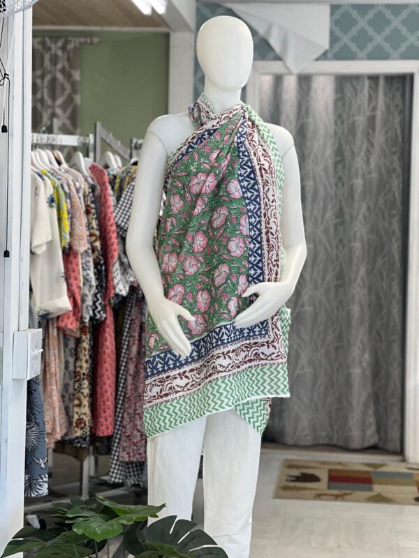 Indian Hand Made Block Printed Sarong, Beach Wear Scarf Hip Wrap Pareo Green-Color Nice Floral Print Pure Cotton# Sarong - Image 7